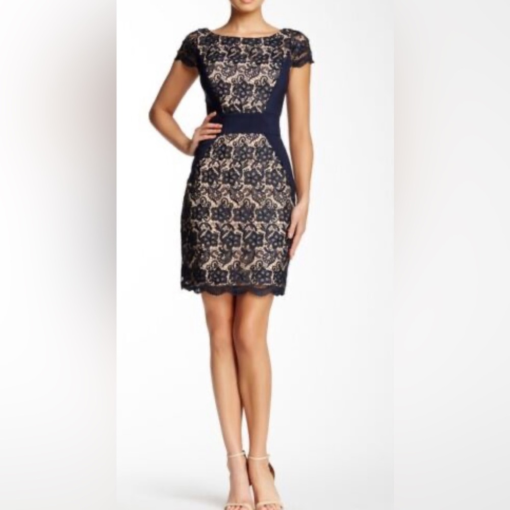 Brand new with tags Jessica Simpson sheath dress black lace over nude Size 4